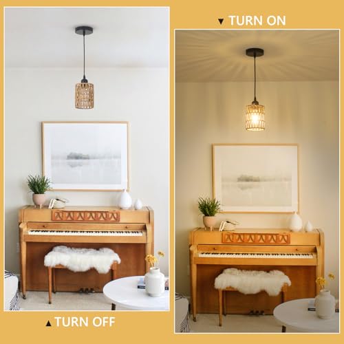 LAMSU 1-Light Rattan Pendant Lights, Boho Farmhouse Pendant Lighting with 4.7×5.9in Hand Woven Shade, Small Wicker Light Fixture Ceiling Hanging for Dining Room Kitchen, Height Adjustable up to 61in - size: 1 Pack