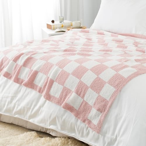 Carriediosa Checkered Throw Blanket 50" X 60", 400GSM Ultra Soft Microfiber Fuzzy Fluffy Reversible Cute Preppy Knitted Blankets Cozy Plush Fall Throws for Couch, Bed, Sofa, Dusty Pink - color: Check - Dusty Pink, size: 50" X 60"