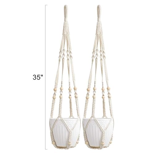 2 Pack Handmade Macrame Plant Hanger - Indoor Hanging Planter Basket with Wood Beads, Cotton Rope, No Tassels, for Boho Home Decor, 35 Inch, Ivory, (Pots NOT Included) - color: White