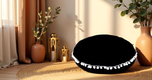 Round Mandala Floor Pillow Cover Seating Cushion Throw Cover Hippie Decorative Bohemian Ottoman Pouf Cover, Pom Pom Pillow Cases,Boho Indian (Black, 22" Round) - color: Black, size: 22"D x 4"W x 22"H