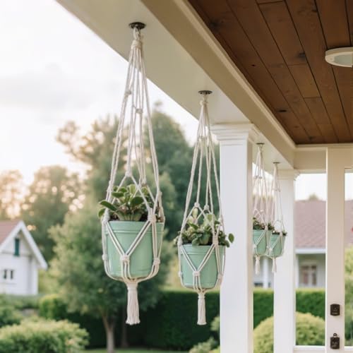28 inch Plant Hanger Indoor Hanging Planter Basket with Wood Ring Decorative Flower Pot Holder No Tassels for Outdoor Boho Home Decor, Ivory Color, Set of 1