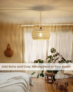Rattan Boho Hanging Light,12.6'' Natural Hand Woven Fabric Drum Light,Plug Into Wall Outlet Pendant Light Fixture On/Off Switch for Dining,Living Room,Bedroom,Kitchen,Hallway Entryway, Without Bulb - size: 12.59'' x 6.49''
