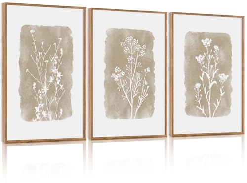 CHDITB Vintage Floral Framed Canvas Wall Art Set Of 3, Minimalist Wall Decor, Nature Inspired Wildflower Wall Painting, Neutral Botanical Flower Art Prints For Dining Room Bedroom Decor(12X16 Inch) - color: Floral wall art 2