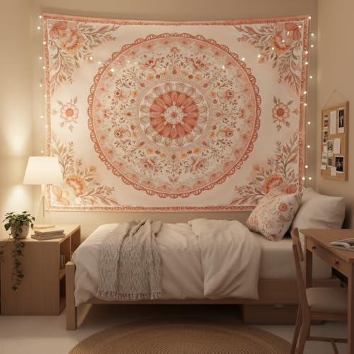 Motanber Pink Mandala Tapestry Wall Hanging Boho Floral Tapestry Aesthetic Watercolor Flower Medallion Cute Large Tapestries for Bedroom Living Room Dorm Decor 80 x 60 Inch - color: Peach Pink, size: 80"L x 60"W