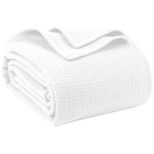 100% Cotton Blankets for Bed - Waffle Weave Blankets for Summer, Lightweight and Breathable Soft Woven Blanket for Spring (White, Queen (90" x 90")) - color: White, size: Queen (U.S. Standard)