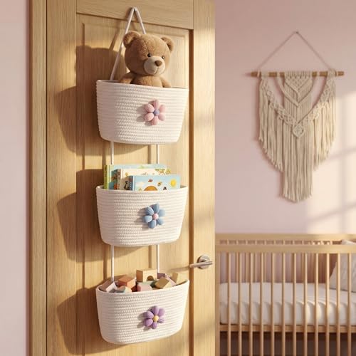 3-Tier Woven Cotton Rope Hanging Basket, Over the Door Organizer, Adjustable Detachable Wall Basket with Metal & Adhesive Hooks, No Drilling for Playroom, Toddler Nursery & Little Girls Room - style: BigFlower