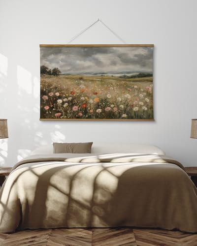 ARPEOTCY Extra Large Vintage Framed Wall Art, 36x54 Inch Colorful Wild Flowers Landscape Hanging Framed Wall Art Decor for Living Room Bedroom Office, Retro Rustic Home Decor Aesthetic - color: Sunny Flower Field