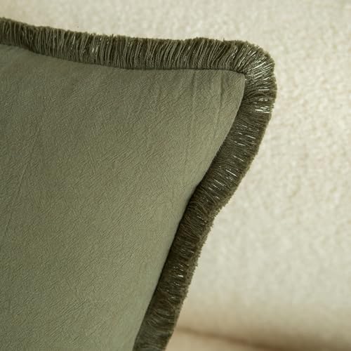 MANDIOO Set of 2 Neutral Cotton Fringe Throw Pillow Covers Decorative Boho Farmhouse Cushion Covers Cozy Tassels Pillowcase for Couch Sofa Bedroom Living Room Home Decor 16x24 Inch Olive Green - color: Olive Green, size: 24" x 16" (Pack of 2)