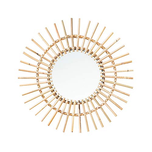 OYPEIP 22" Large Natural Rattan Sunburst Bohemian Hanging Glass Decor,Rustic Handwoven Innovative Art Decoration Round Makeup Mirror for Dressing Living Room Bedroom Bathroom Corridor,Entryway
