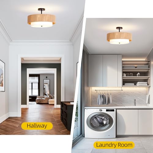 Bohemian Semi Flush Mount Ceiling Light - 18 Inch Handmade Hemp Rope Shade (Fabric Lining), Farmhouse Pendant, E26 Base, Max 60W (Bulbs Excluded), for Dining, Living, Bedroom, Kitchen - color: 18'' Hemp rope&Fabric Gold
