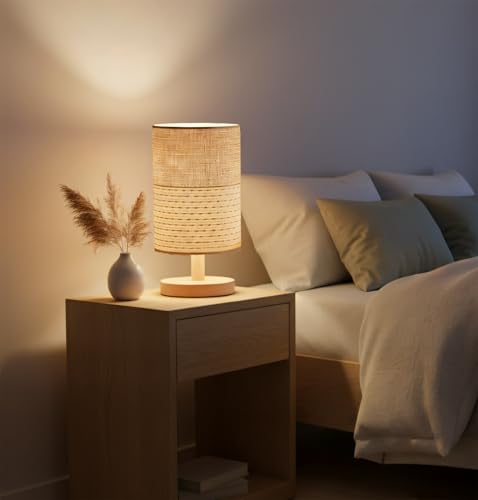 AFORTLO Table Desk Lamp, Small Fabric Boho Decorative Nightstand Night Light Solid Wood Base Lamp for Bedroom,Living Room,End Table or Office with Bulb (Brown Knit Fabric)