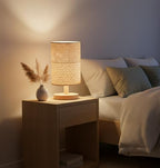 AFORTLO Table Desk Lamp, Small Fabric Boho Decorative Nightstand Night Light Solid Wood Base Lamp for Bedroom,Living Room,End Table or Office with Bulb (Brown Knit Fabric)