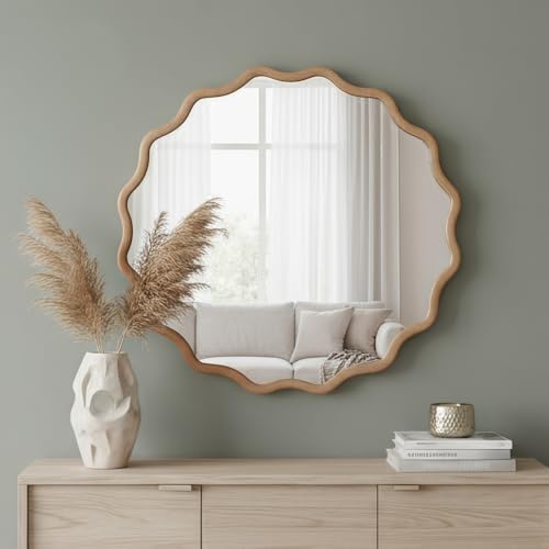 30" Wavy Round Wall Mirror with Solid Wood Frame, Country Irregular Decorative Mirror for Bathroom, Bedroom, Living Room & Entryway, HD Tempered Glass, No Distortion Vanity Mirror (Natural, 30") - color: Natural, size: 30"L x 30"W