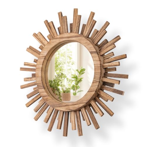 12 Inch Boho Sunburst Mirror, Round Wooden Wall Decor Starburst Sun Mirror for Bedroom, Living Room, Bathroom, Hallway, Balcony, Farmhouse Entryway, Housewarming Gift（Rustic Brown - color: Wood Color, size: 12"L x 12"W