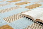 Checkered Hand-Tufted 100% Wool Area Rug - 6x9Ft, Rectangular Light Blue Base with Mustard and Beige Blocks, Olive Green Scalloped Edge, Cotton Backing Plush Carpet for Bedroom & Nursery - color: Light Blue, Beige, Green, size: 6x9 Ft