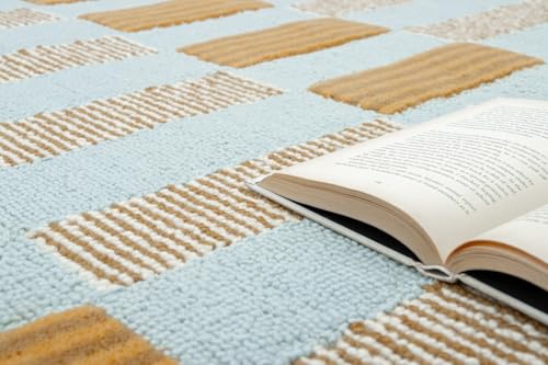 Checkered Hand-Tufted 100% Wool Area Rug - 5x5 Ft, Round Light Blue Base with Mustard and Beige Blocks, Olive Green Scalloped Edge, Cotton Backing Plush Carpet for Bedroom & Nursery - color: Light Blue, Beige, Green, size: 5x5 Ft (Round)