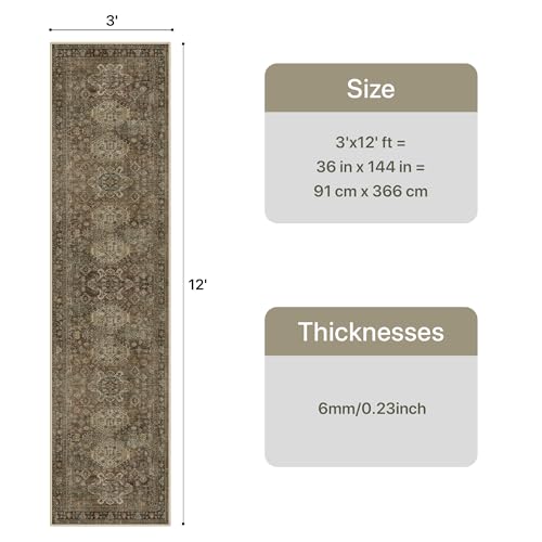Bavni Washable Runner Rug 3x12, Non Slip Hallway Rug, Vintage Aesthetic Thin Low Pile Washable Carpet for Kitchen Bedroom Entryway, Brown - color: Brown, size: 3' x 12' (Rectangular)