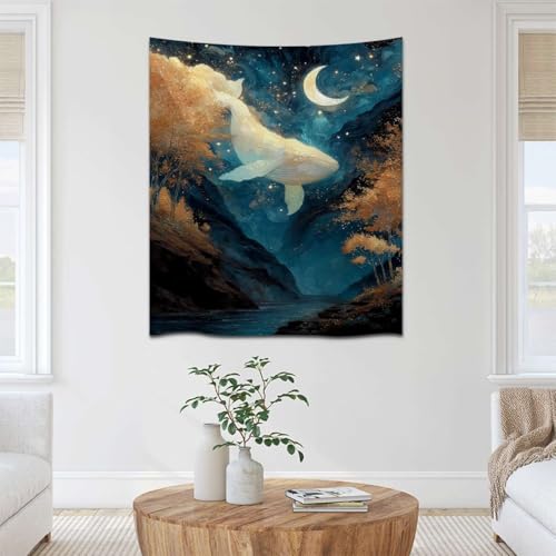 Celestial Whale under Moon Fantasy Ocean Tapestries Modern Boho Contemporary Wall Art Tapestry Wall Hanging Elegant Stunning Home Decor for Bedroom Living Room Apartment Office (YGST3989,50x60 inch)