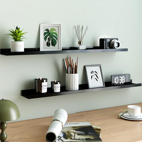 Long Floating Shelves for Wall Decor, Long Wall Mounted Storage Shelf for Bedroom, Living Room, Bathroom, Kitchen, Nursery, Display Picture Ledge Shelf with Lip Set of 2-36 Inches, Black - color: Black, size: 35.4in