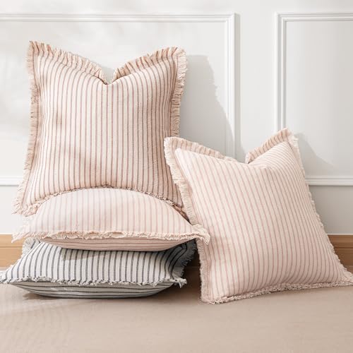 MIULEE Pack of 2 Pink Pillow Covers 18x18 Inch Striped Farmhouse Couch Spring Valentine Throw Pillow Covers with Fringe Chic Cotton Decorative Cushion Covers for Sofa Living Room Bed Home Decor - color: Pink, size: 18" x 18" (Pack of 2)