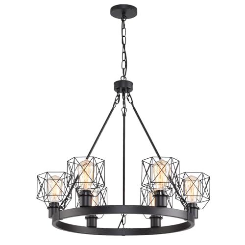 Wagon Wheel Chandelier Modern Farmhouse Pendant Light,Black Farmhouse Chandelier, 6-Light Wagon Wheel Chandelier with Adjustable Height, Dining Room Light Fixture, Hanging Lights - color: C