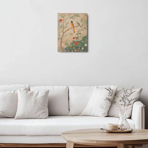 Vintage Birds Flowers Canvas Wall Art, Traditional Persian Birds Bohemian Wall Decor Framed Prints for Living Room Bedroom Bathroom Office Apartment Decor, Housewarming Gifts 11.5x15 Inch - color: Multi 1380