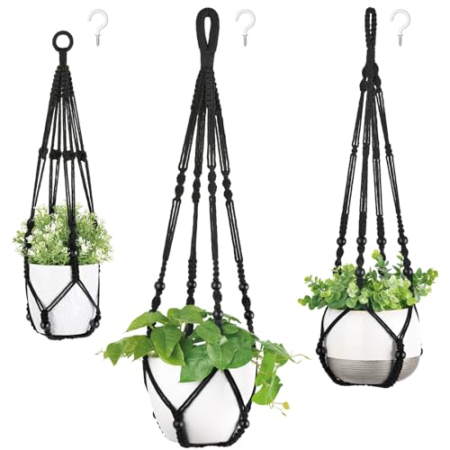 Mkono 3 Pack Macrame Plant Hangers Indoor Different Size Hanging Planter Basket Flower Pot Holder with Beads No Tassels 35"/29"/23", Medium, Black - color: Black, size: Medium