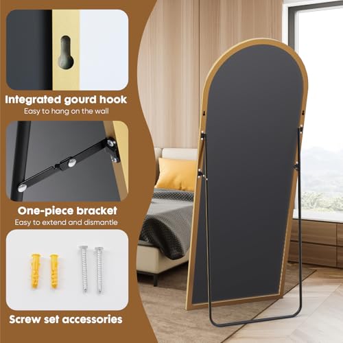 DUMOS 70.4"x25.6" Arched Full Length Mirror with Stand, Floor Body Mirror Shatter-proorf Nano Glass with Aluminum Frame, Free Standing or Hanging Leaning Modern Simple Home Decor, Gold - color: Gold-rounded, size: 70.4"L x 25.6"W