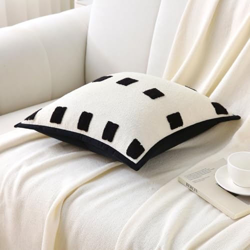 Boho Decorative Throw Pillows with Inserts, 18" x 18" Soft Tufted Modern Chenille Pillow, Pillows for Home, Patio, Couch, Bedroom, Living Room (Black Square - White Background) - style: Black Square