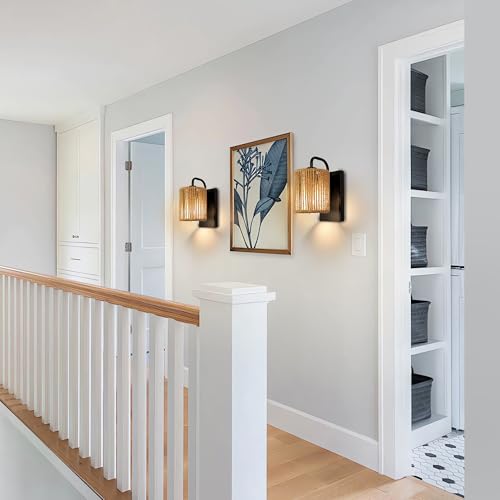 Boho Wall Sconce, Rattan Wall Light Fixtures with Hemp Rope Sconces for Living Room Bathroom Hallway Rustic Bohemian Modern Woven Scocne E26 10inch - color: Woven Rattan Style