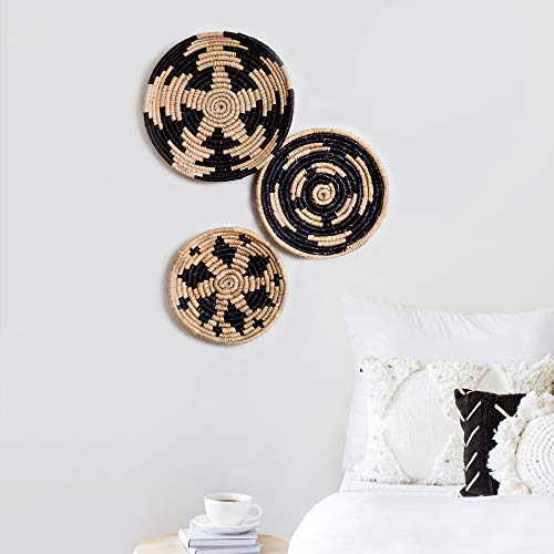 Wall Basket Decor, Woven Hanging Set of 3, Boho Circular Flat Decorative Baskets - Natural Seagrass Bowls for Living Room, Bedroom, Rattan Wall Decor Art - Handwoven (Black)
