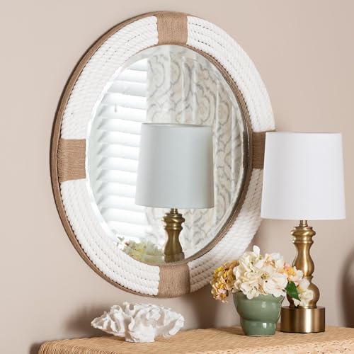 bali & pari Makya Round Woven Rope Mirror – Coastal Mirror with White Fabric and Woven Jute Accents for Farmhouse, Boho Wall Decor, Beach House, Fully Assembled