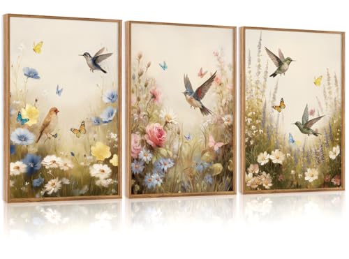 CHDITB Floral Bird Framed Canvas Wall Art Set Of 3, Vintage Garden Wall Decor, Nature Wildflower And Bird Wall Painting, Botanical Flower Art Prints For Dining Room Bedroom Decor (12X16 Inch) - color: Floral bird
