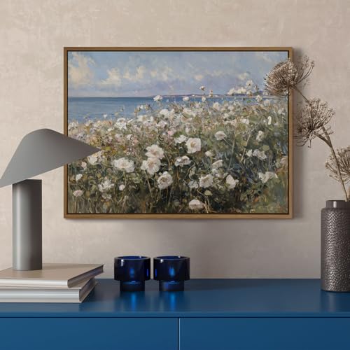 Framed Landscape Wall Art Blue Ocean Theme White Flower Pictures Wall Decor Abstract Floral Painting Prints Modern Seascape Artwork for Living Room Bedroom Bathroom Home Office Decoration, 12''x16'' - color: Blue Ocean White Flower, size: 16"L x 12"W