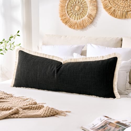 Boho Pillow Covers 14x36 Inch Black Rectangular Pillow Cover Farmhouse Pillowcase Faux Linen Long Body Pillow for Bedroom Living Room Couch Sofa Home Décor Pack of 1 - color: Black, size: 36" x 14" (Pack of 1)