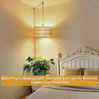 Dimmable Boho Hanging Lights with Plug in Cord 14.7ft，2 in 1 Shade Plug in Pendant Light Rattan Hanging Lamp with E26 Bulb, Long Lasting Wicker Plug in Pendant lamp Fixture for Living Bedroom - size: 2 tier HL-10