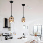 Black Farmhouse Boho Kitchen Island Pendant Light,Hand-Woven Rattan Pendant Lighting with Metal Cage Clear Glass Shade,Coastal Wicker Small Hanging Light Fixture Bedroom Dining Room Decor