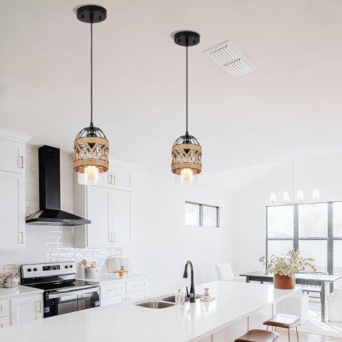 Black Farmhouse Boho Kitchen Island Pendant Light,Hand-Woven Rattan Pendant Lighting with Metal Cage Clear Glass Shade,Coastal Wicker Small Hanging Light Fixture Bedroom Dining Room Decor