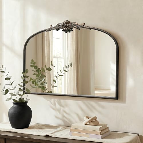 Besdomus Vintage Arched Black Mirror: 32"x24" French Large Black Vintage Wall Mirror - Baroque Traditional Ornate for Living Room/Fireplace/Bathroom- Ideal Gifts for Housewarming/Birthday - color: Black, size: 24"L x 32"W