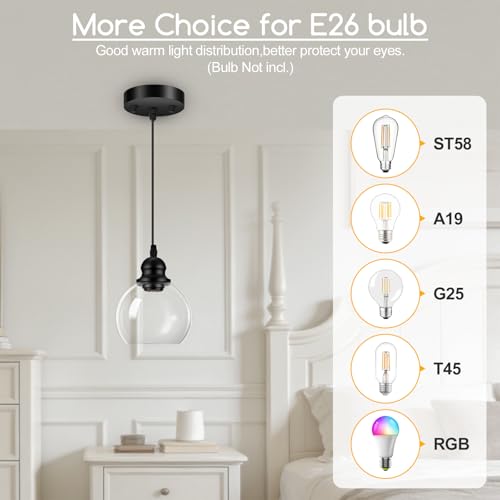 Pendant Lights Kitchen Island, Black Pendant Light with Glass Lampshade, 71 Inch Adjustable Hanging Lamp for Kitchen Living Room, Modern Farmhouse Industrial Ceiling Lighting Fixture(E26 Base,No Bulb) - size: 1Light - D 5.91 IN