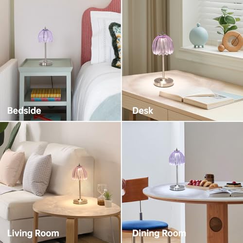 Shenmoyl Tulip Table Lamp with 5200mAh Battery & Touch Control, Cordless Small Table Lamp with 3 Colors, Dimmable Rechargeable Table Lamps for Living Room, Bedroom, Desk, Bedside (Clear Purple Tulip) - color: Clear Purple, size: 1 Pack
