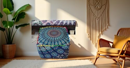 CRAFT KALA Indian Square Patchwork Traditional Pouf Cover Indian Living Room Pom Poufs Cover Decorative Designer Ottoman Home Living Footstool Chair Cover Ottoman Decor 18X18X14 inches, Blue Mirchi - color: Blue Mirchi