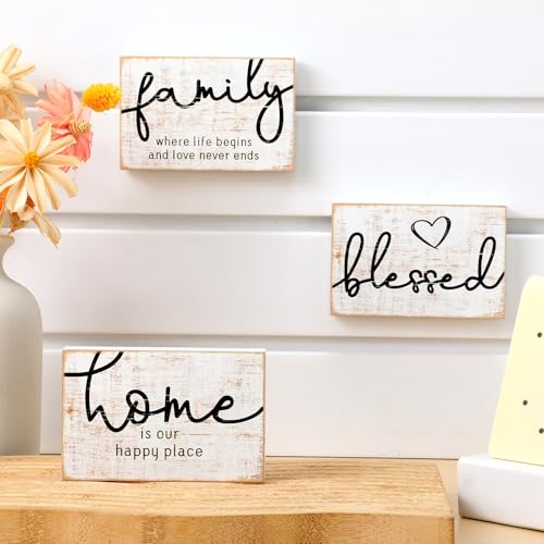 Jetec 3 Pcs Family Home Blessed Rustic Wood Sign Mini Wood Decorative Farmhouse Woodworks Table Shelves Decorations Sign for Bedroom Kitchen Living Room Table Decor(Retro Color,4.25 x 2.76 x 0.59 in) - color: Retro Color, size: 4.25 x 2.76 x 0.59 in