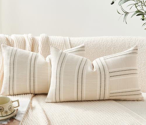 Throw Pillow Covers Set of 2 12x20 Inch Striped Pillow Covers, Soft Decorative Cotton Lumbar Neutral Green Textured Case for Couch Sofa Bed Living Room, Home Modern Farmhouse Cute Decor - color: Green, size: 20" x 12" (Pack of 2)
