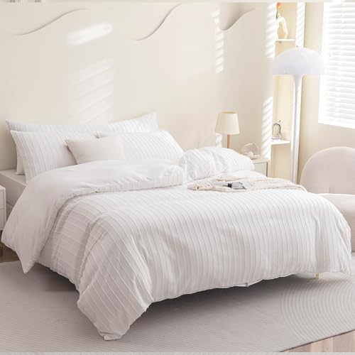JELLYMONI Bright White Duvet Cover Full Size - 3PCS Microfiber Tufted Duvet Cover Set, Boho Striped Tufted Textured Duvet Cover with Corner Ties & Zipper Closure - color: Bright White-striped, size: Full(80"×90")