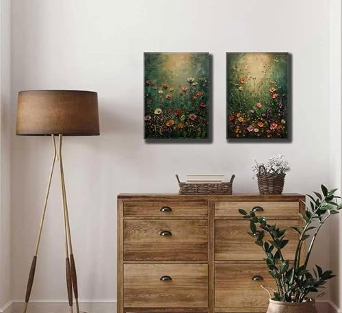 2Psc Vintage Framed Canvas Wall Art Dried Flowers Painting Picture Wall Decor Retro Moody Floral Botanical Poster Print Artwork for Bathroom Bedroom Living Room Gallery Home Decoration - color: Retro dark floral, size: 16"L x 12"W