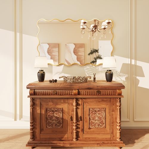 Kelly Miller 30x48 Inch Gold Scalloped Mirror, Large Rectangular Wavy Edge Bathroom Vanity Wall Mirror Decorative for Bedroom Living Room Entryway Fireplace Mantle - size: 48"L x 29.2"W