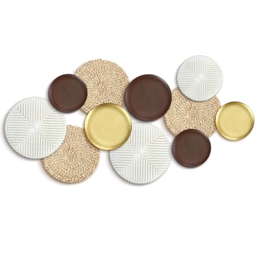 Yuntau 11 Pcs Boho Metal Wall Decor Rattan Golden Wall Art with Boho Basket Macrame Hanging Decor Rustic Farmhouse Artwork for Home Living Room Bedroom Office White Brown Decorations