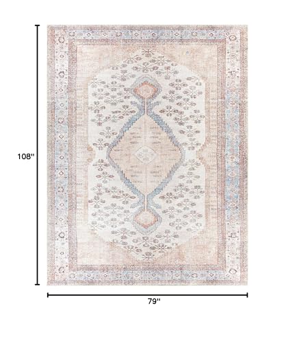 Hauteloom Stella Boho Vintage Area Rug - Farmhouse Traditional Medallion Carpet for Living Room, Bedroom - Machine Washable - Tan, Pink, Peach, Sage, Blue, Cream - 6'7" x 9' (6x9) - color: Aqua, Black, Blush / Moora, size: 6'7" x 9' (Rectangular)