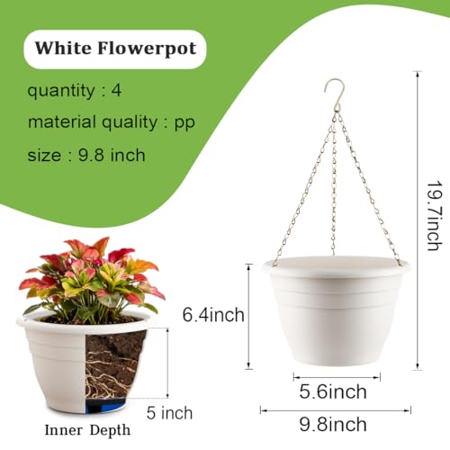 RooTrimmer Hanging Planters 10 Inch, 4 Pcs Flower Pots with Drainage Hole, Self Watering Hanging Basket for Indoor Outdoor Plants, Decor, White - color: White, size: 10 Inch-4P